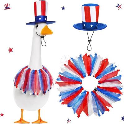 1 Set July 4th Goose Outfits, Patriotic Porch Goose Costume, Independence Day Apparel, Stars Stripes Hat Bow Tie for Lawn 23 Inch Goose Statue