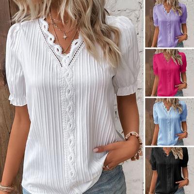 Women Summer Top Solid Color Hollow Out Short Sleeve V-neck Shirring Daily Wear Pullover Mid Length Lace Decor Lady Blouse Female Clothes