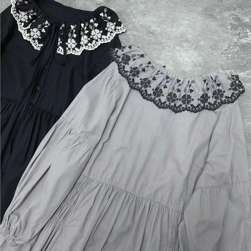 Johnature Vestidos Femininos Vintage Primavera Gola Babados Bordado Solto Cintura Elástica Cor Sólida Casual Vestidos Femininos
