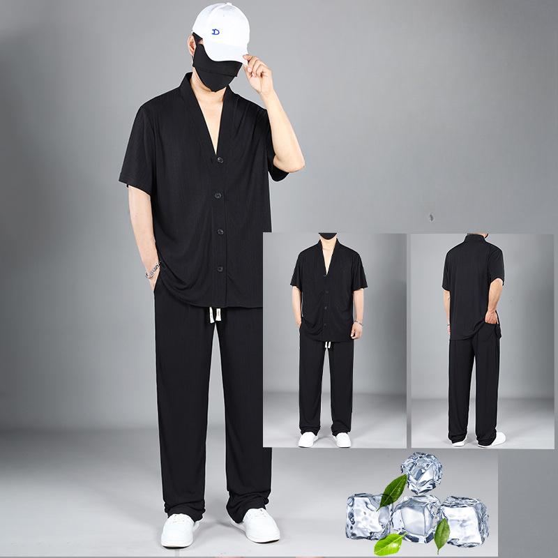 Plus Size Summer Ice Silk Suit Men's Quick-drying Cardigan Short-sleeved T-shirt   Loose Sports Trousers Two-piece Suit