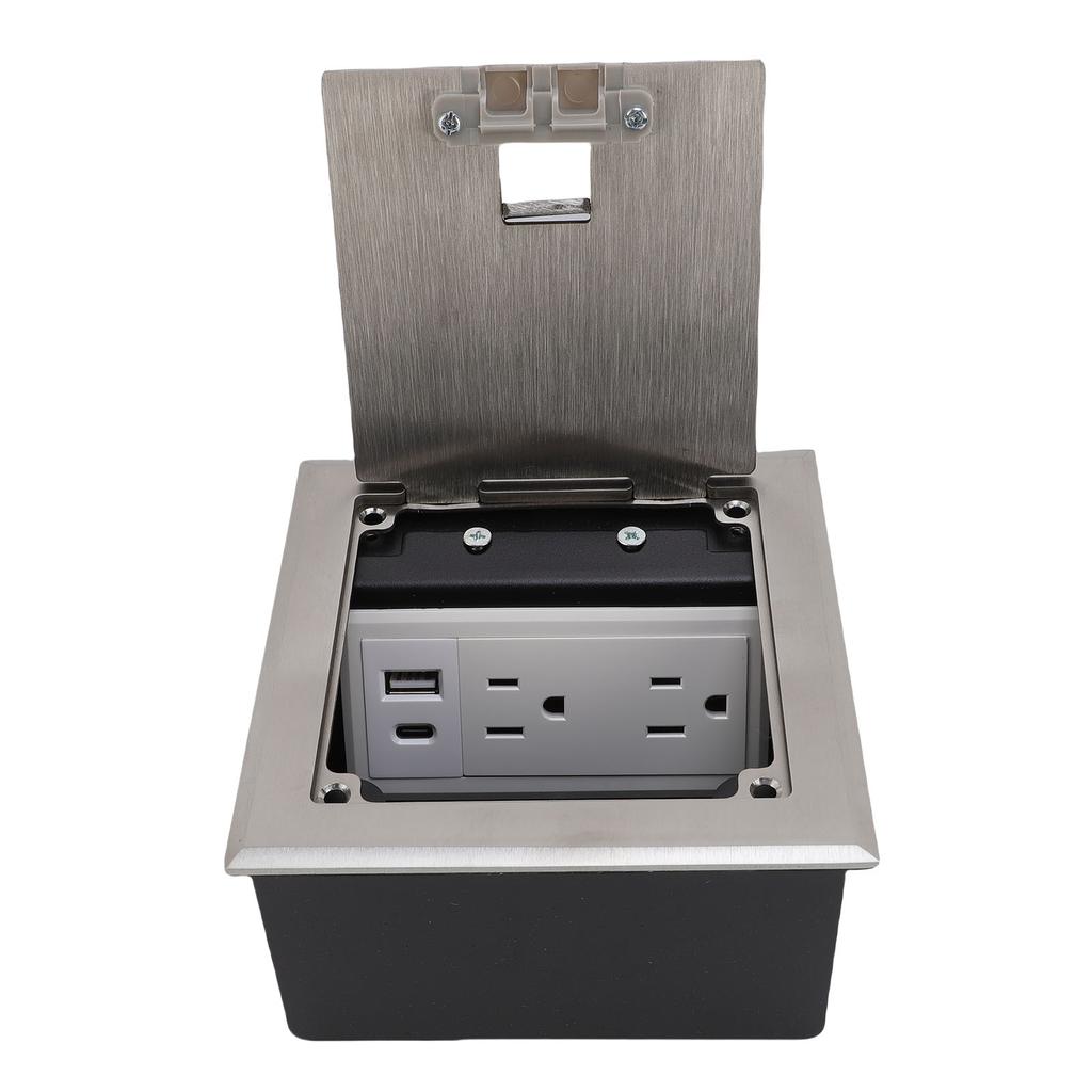 Recessed Floor Outlet 2 X 3 Prong and USB A USB C Port Silver Water Proof Stainless Steel Concealed Floor Socket