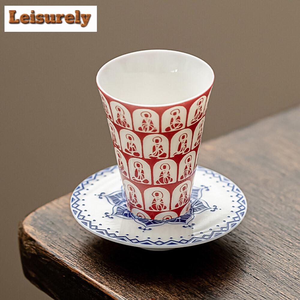 35ML Creative Thousand Buddha Teacup White Porcelain Red Dust Cup Saucer Set Tea Bowl with Holder Kit Personal Chazahan Teaset