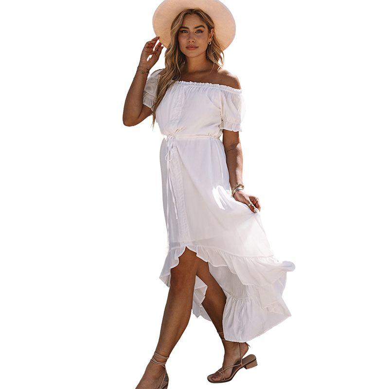

Fashion off-Shoulder Dress Women 2024 Summer New Arrival Solid Color Mid-Waist Short Sleeve Basic Simple Dress Dress Women LC6113524-White Size S fit (45.00 kg-55.00 kg