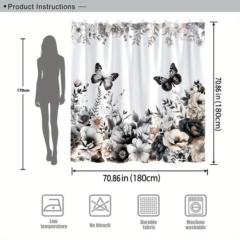 Elegant Black and White Floral Design Waterproof Shower Curtain – Perfect for Adding a Classic and Stylish Touch to YourBathroom