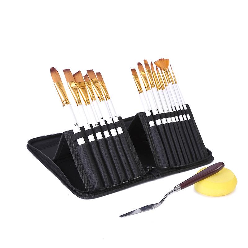 15-Piece Oil Painting Nylon Brush Set with Canvas Bag for Gouache & Watercolor