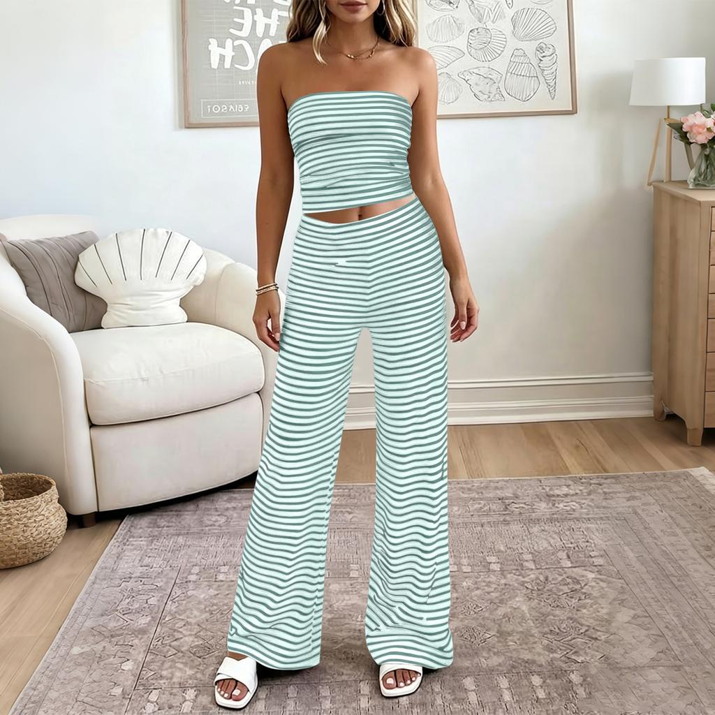 Damen Casual Trägerloses Schlauchtop und Weite Hosen Set Elastischer Bund Zweiteiliges Loungewear Outfit für Urlaub und Zuhause