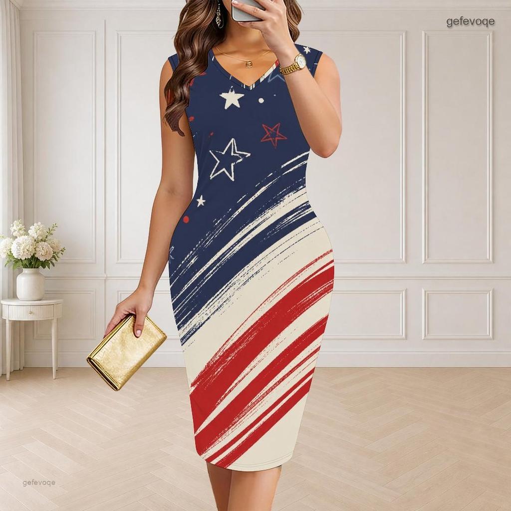 Women Plus Size V Neck Sleeveless Beige Printed Bodycon Midi Dress
