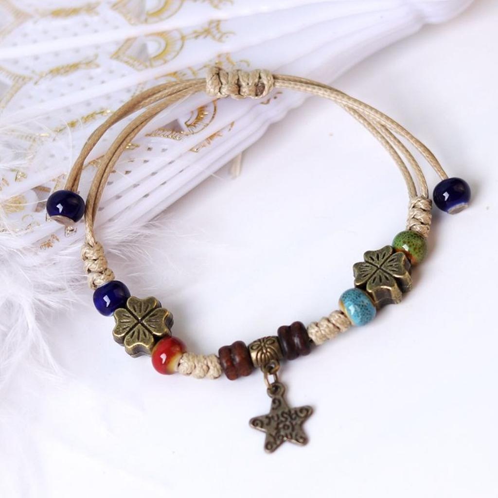 Fashionable Bracelet Ethnic Ceramic Beaded Bangles Handcrafted Woven Strings Exquisite and Eye Catching Wrist Decoration