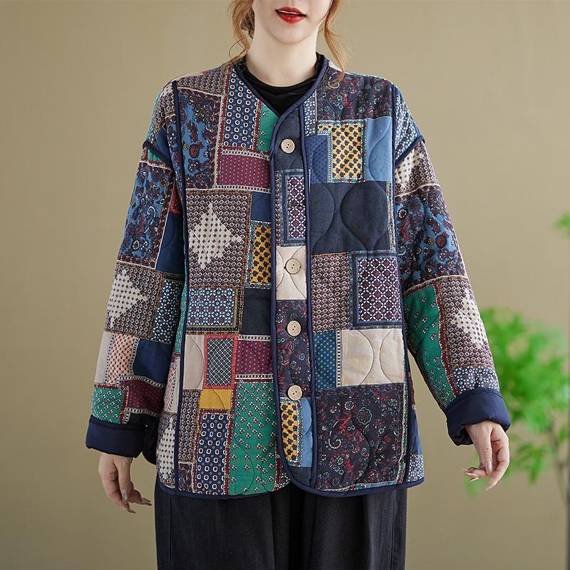 Autumn Spring Winter Cotton Padded Oversized Vintage Floral Outerwears Women Casual Loose Jacket Coat