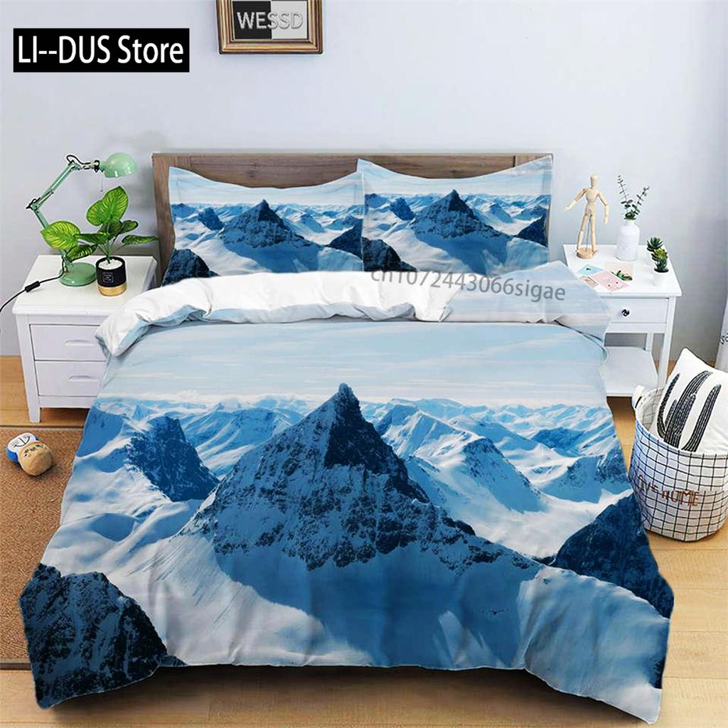 Snow Mountain Duvet Cover Set Polyester 3D Landscape Bedding Set For Teens Adults Ski Slope Winter Theme Queen Comforter Cover