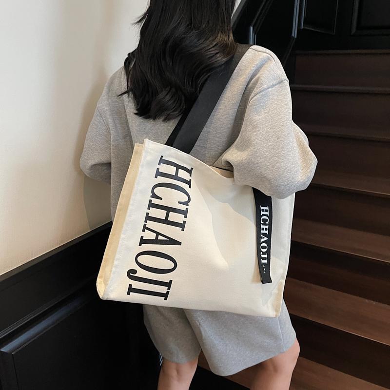 Letter Print Canvas Shoulder Bag Women's Travel Large Capacity Tote Bag Student Class Commuter Bag