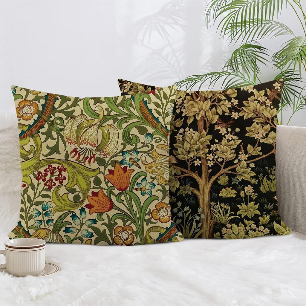 Maximalist Throw Pillow Covers Set of 4 Vintage Floral Decorative Cushion Covers 18x18 Inch Linen Boho Outdoor Pillow Cases for Couch, Living Room