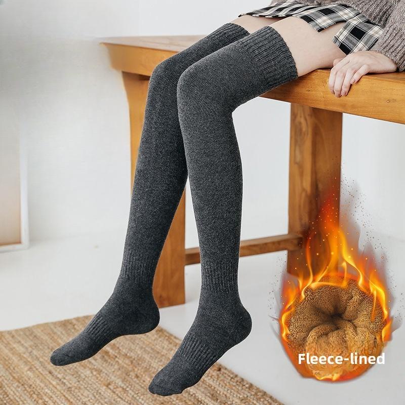 Warm Thigh-high Socks, Women's Over-the-knee Socks, Versatile Loop Socks, Mid-calf with Fleece for Autumn and Winter, High-calf Anti-slip Fleece