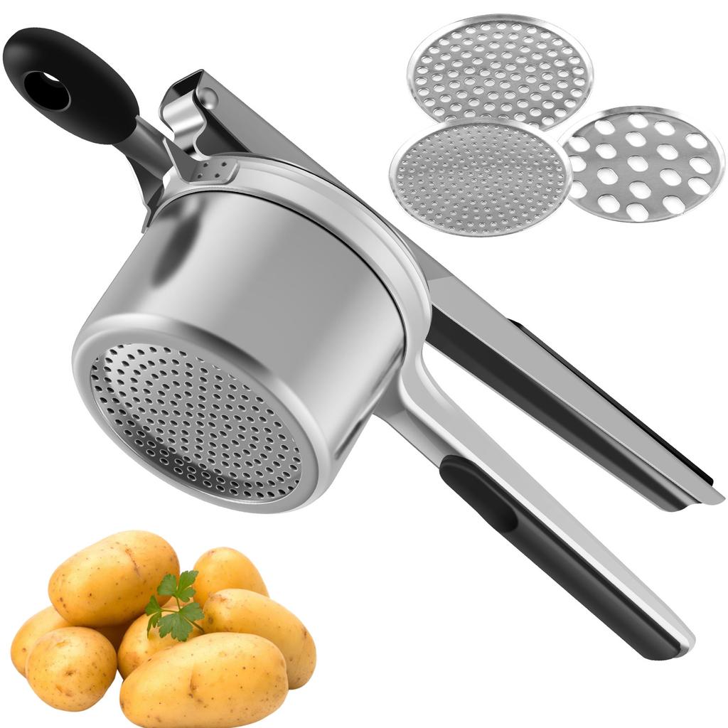 Neu Kartoffel Reis Edelstahl Kartoffelstampfer mit 3 Abnehmbaren Scheiben Manuelle Lebensmittel Presse mit Ergonomische Anti-Rutsch Griff