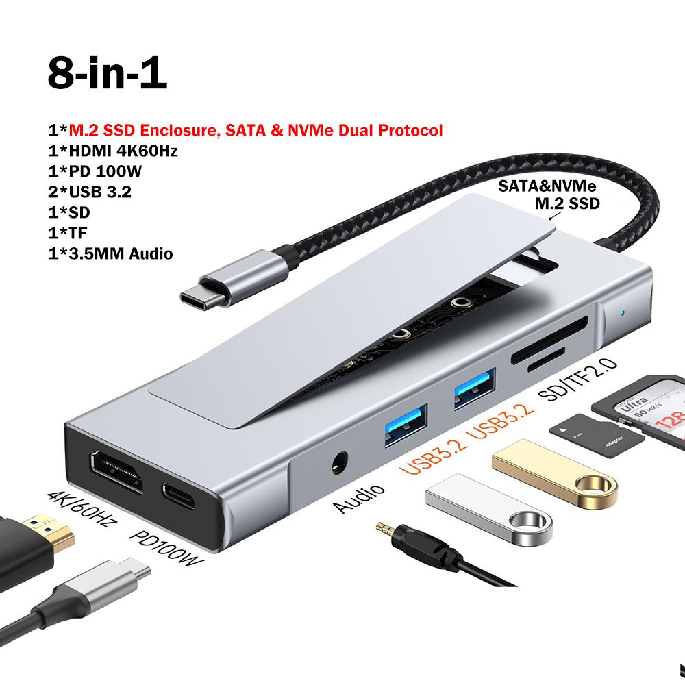 8-in-1 M.2 SSD HUB USB C Docking Station with Disk Storage Function SSD Enclosure HDMI 4K60Hz USB 3.2 10Gbps Hub For PC Laptop
