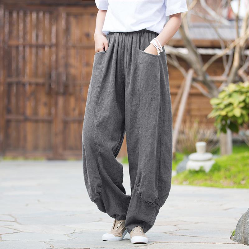Dambyxor i Zen-stil av ramie, sandtvättade, med vida ben - Vår/Sommar, Casual, Hem- och Resplagg