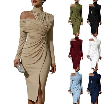 Women's Summer Fashionable Color Long Sleeved Off Shoulder Slit Dress With Elegant And Slim Fit Temperament