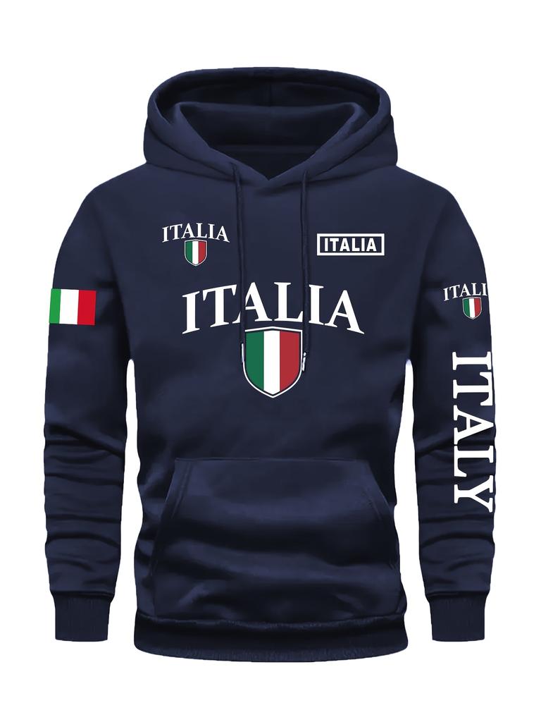 Men's Italy Flag Shield Bold ITALY Letter Print Hoodie Grey Casual Pullover Front Pocket Ribbed Cuffs Comfort Fit Urban Fashion