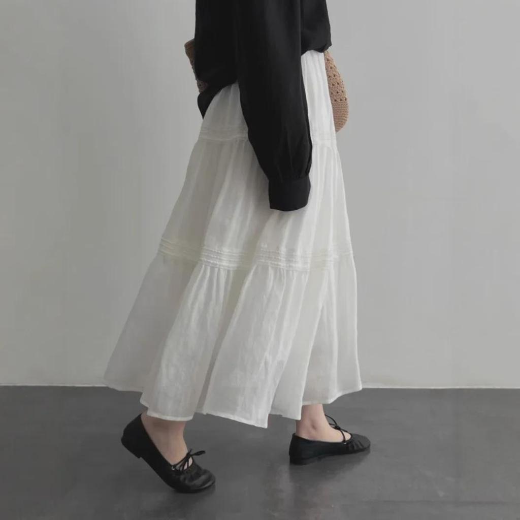 Women's High Waist White Lace Patchwork Ramie A-line Midi Skirt - Spring/Summer 2025