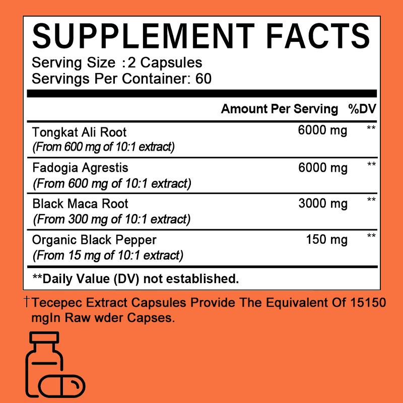 Tongkat Ali Root Supplement, With Fadogia Agrestis, Black Maca Root, 120 Capsules Per Bottle