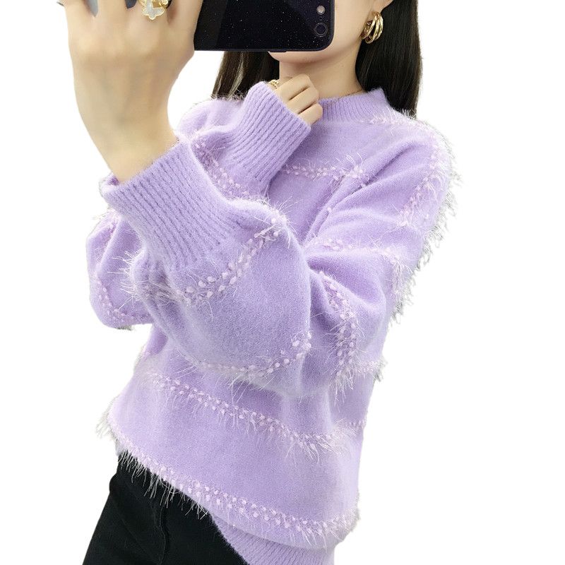 Sweater Women's Round Neck Pullover Knitted Base Sweater Loose Lazy Style Lantern Sleeve Top