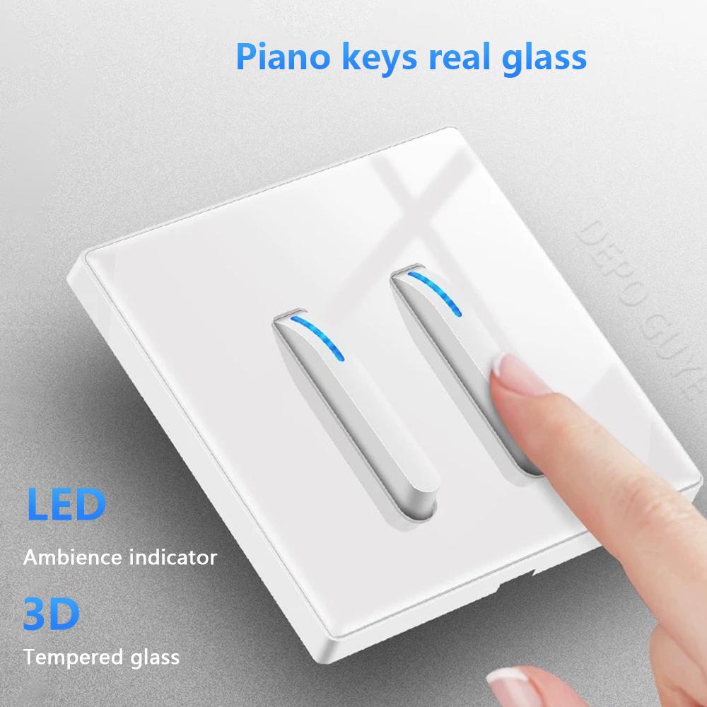 White LED Indicator Light Switch Panel Glass Piano Key Self-reset Wall Switch socket,UK Universal USB Type-C Electrical Outlet