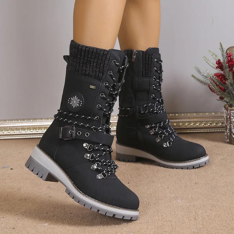Women Winter Boots Buckle Lace Lady Mid-calf Boots Low Heel Round Toe Quality Warm Shoes Botas De Mujer