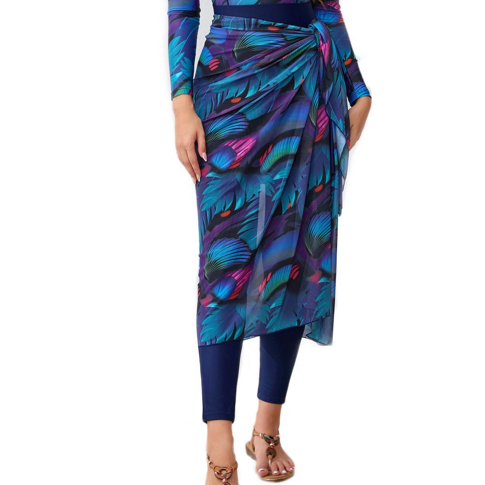 2024 4-Piece Muslim Swimwear Set: Long Sleeve, Print Design, Chest Pad, Hat & Skirt.