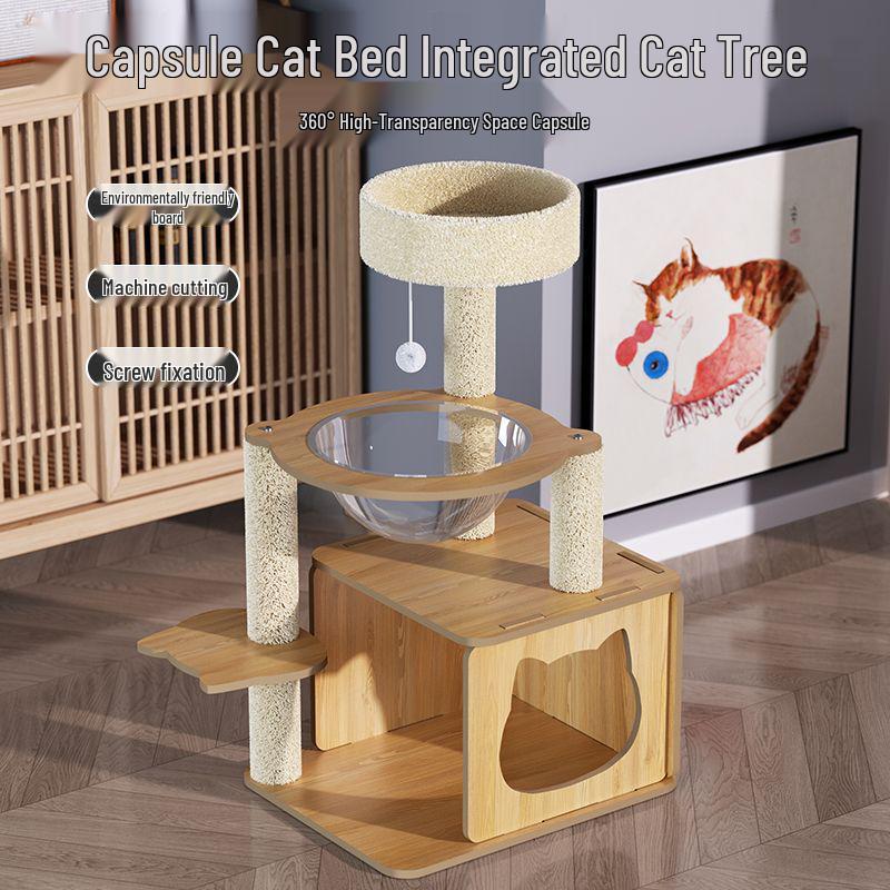 Space-Saving Cat Climbing Frame & Bed Villa with Toy Capsule, Floor-to-Ceiling Post, and All-Season Platform.