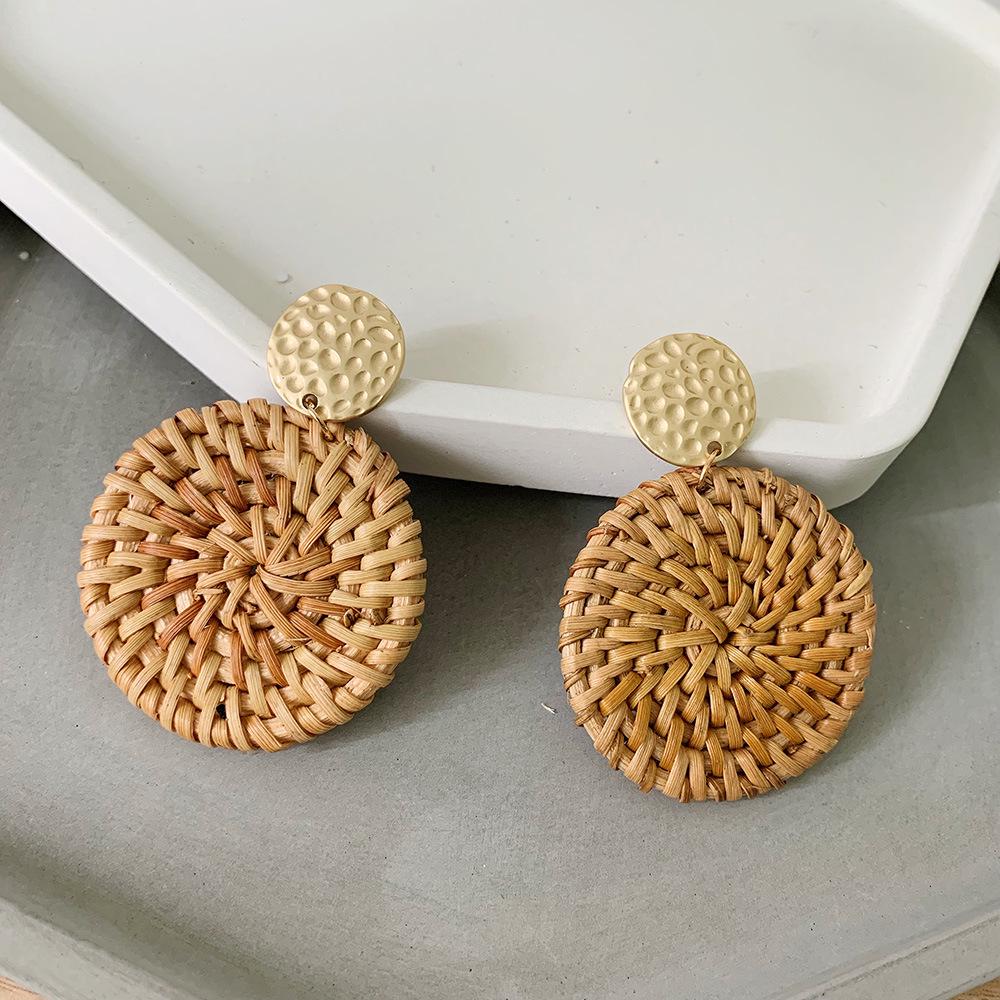 Rattan Diamant Geometrische Stroh Anhänger Ohrringe für Frauen