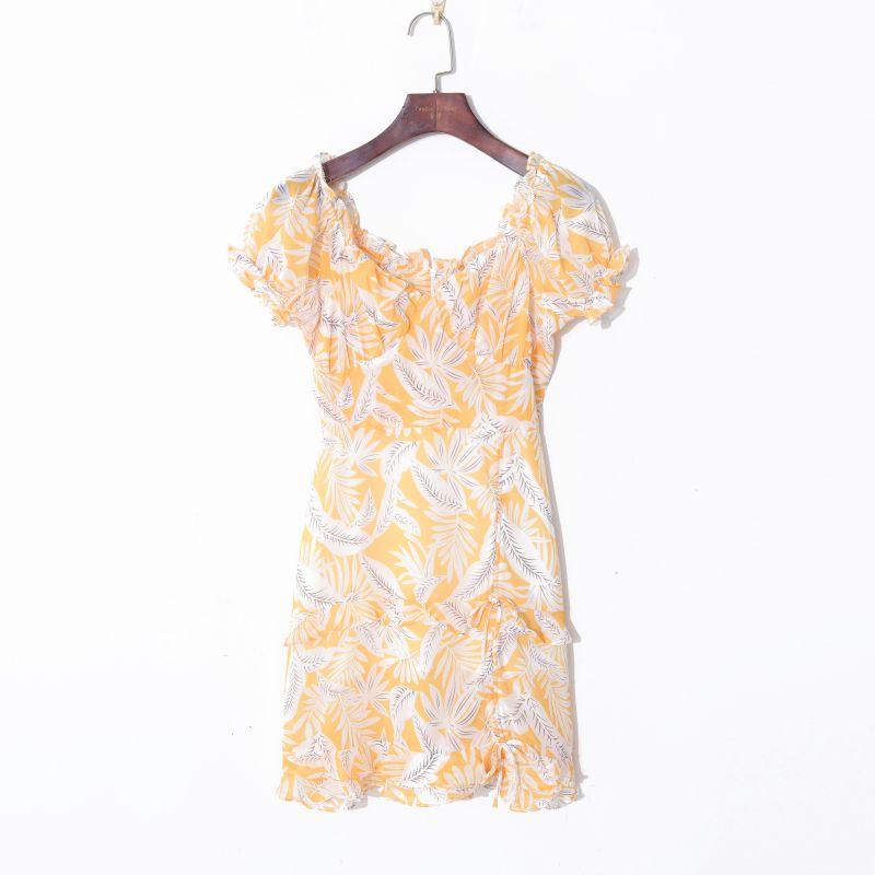

2023 Summer Women s Clothing Fresh Print Elegance Wooden Ear Square Collar Puff Sleeve High Waist Silm Youthful-Looking Dress Orange Print M