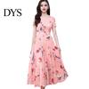 Lightweight Printed Dress Women Party A-line Big Swing Ice Silk O Neck Summer Short Sleeves High Waist Mid-calf Length Prom Dating Midi