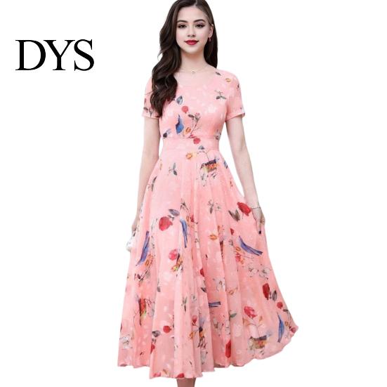 Lightweight Printed Dress Women Party A-line Big Swing Ice Silk O Neck Summer Short Sleeves High Waist Mid-calf Length Prom Dating Midi
