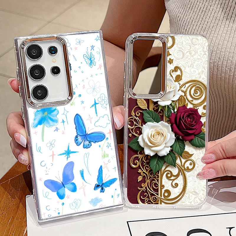 Plating TPU Phone Case For Samsung Galaxy S26 S25 S24 Ultra S25 S23 FE A57 A56 A37 A17 A55 A36 A54 Butterfly Flowers Print Cover