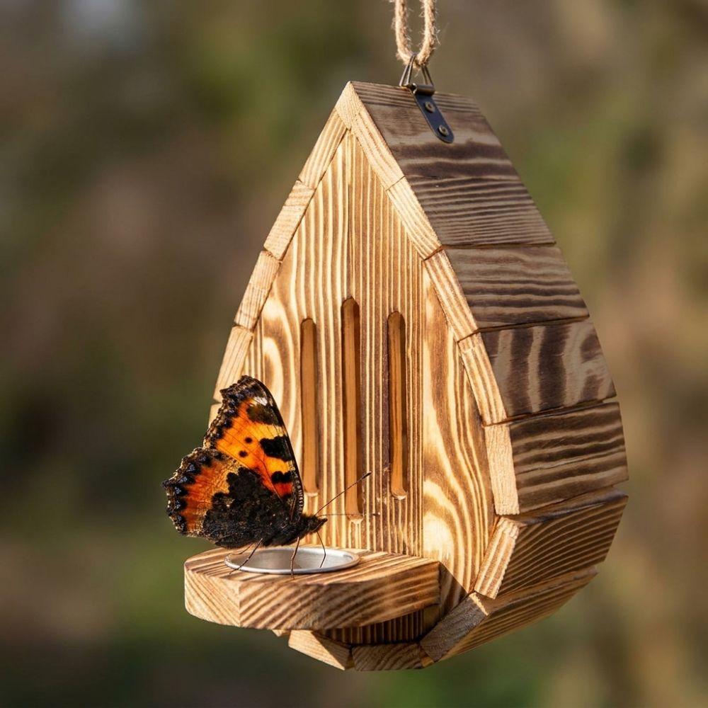 Rustic Wood Butterfly Bee House Teardrop Shaped Butterfly Habitat Shelter Patio Decor