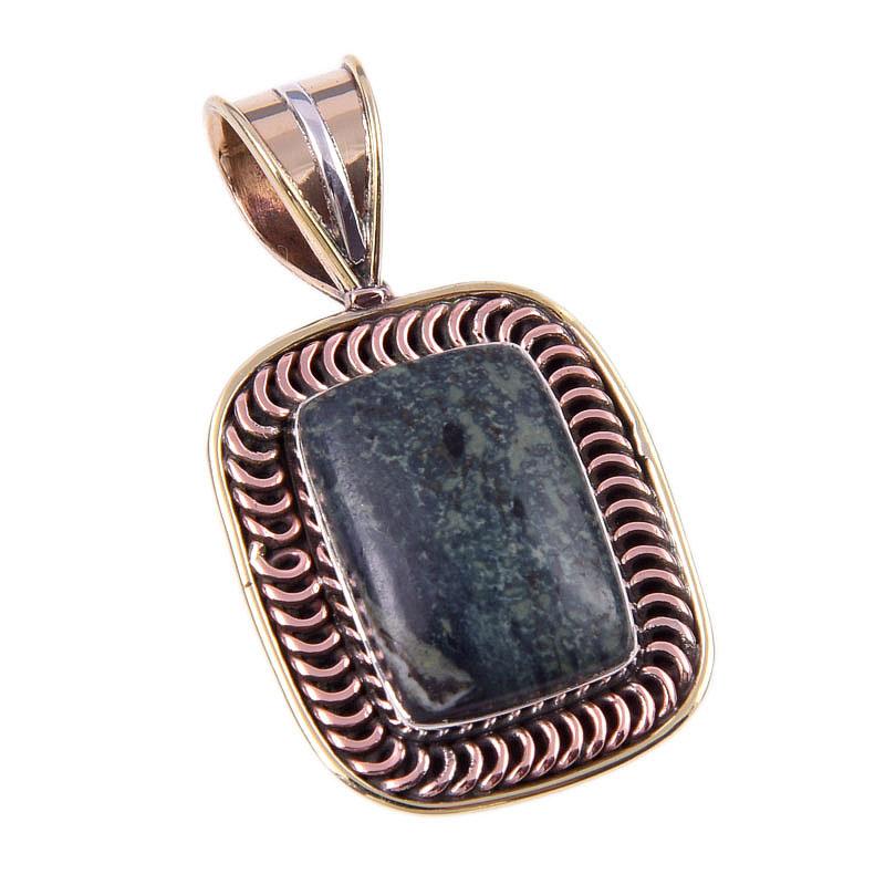 Natural Green Pietersite Gemstone 925 Solid Silver Two Tone Pendant 1.25" C3a06
