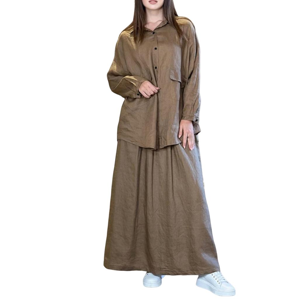 Women's Fashion Casual Retro Large Size Lapel Long Sleeve Shirt Dress Casual Two-piece Set