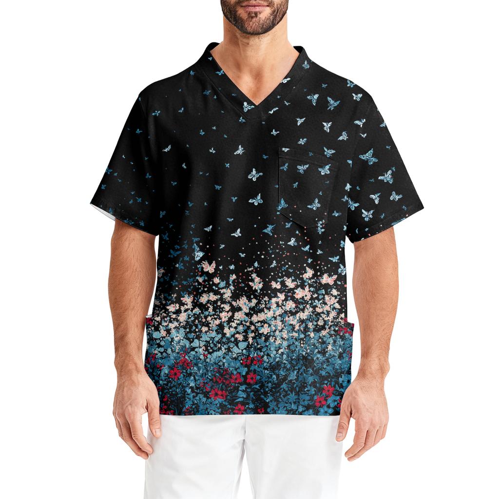 Men's Printing Short Sleeve V,neck Working Blouse Chest Pocket Carer Top