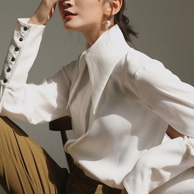 Stylish Elegant Turn Down Collar White Long Sleeve Satin Shirts Fashion Woman Vintage Blouse Office Lady Tops
