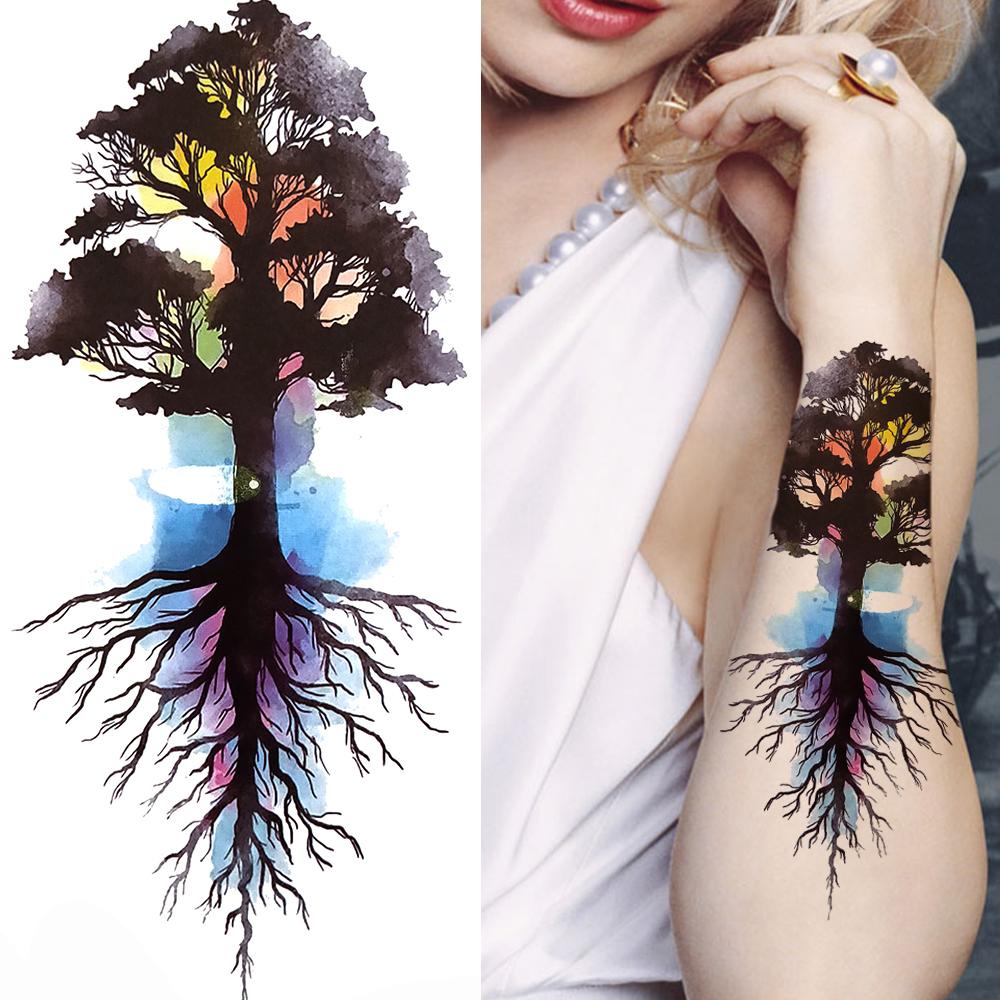 Tatuaggio temporaneo ad acquerello con albero della vita per donne, acchiappasogni, drago, foresta, peonia, adesivo per tatuaggio, finto pizzo, bussola, piuma.