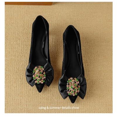 Moda Feminina camurça natural couro fivela de cristal laço doce scarpins 4cm salto fino fino bico fino elegante senhoras sapatos de festa