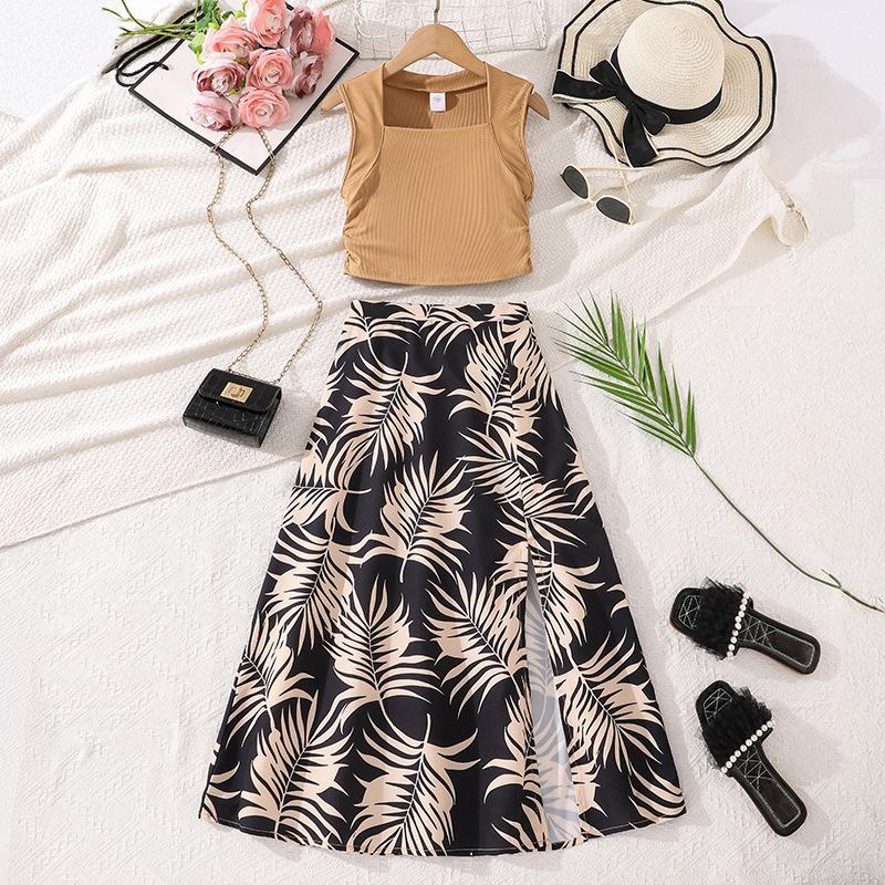 Girls' Casual Set, Autumn Children's Vest Top, Fashionable Printed Skirt