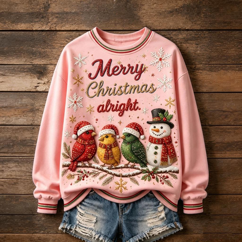Women's Christmas Print Round Neck Long Sleeve Pullover Top for Holiday Parties and Everyday Wear