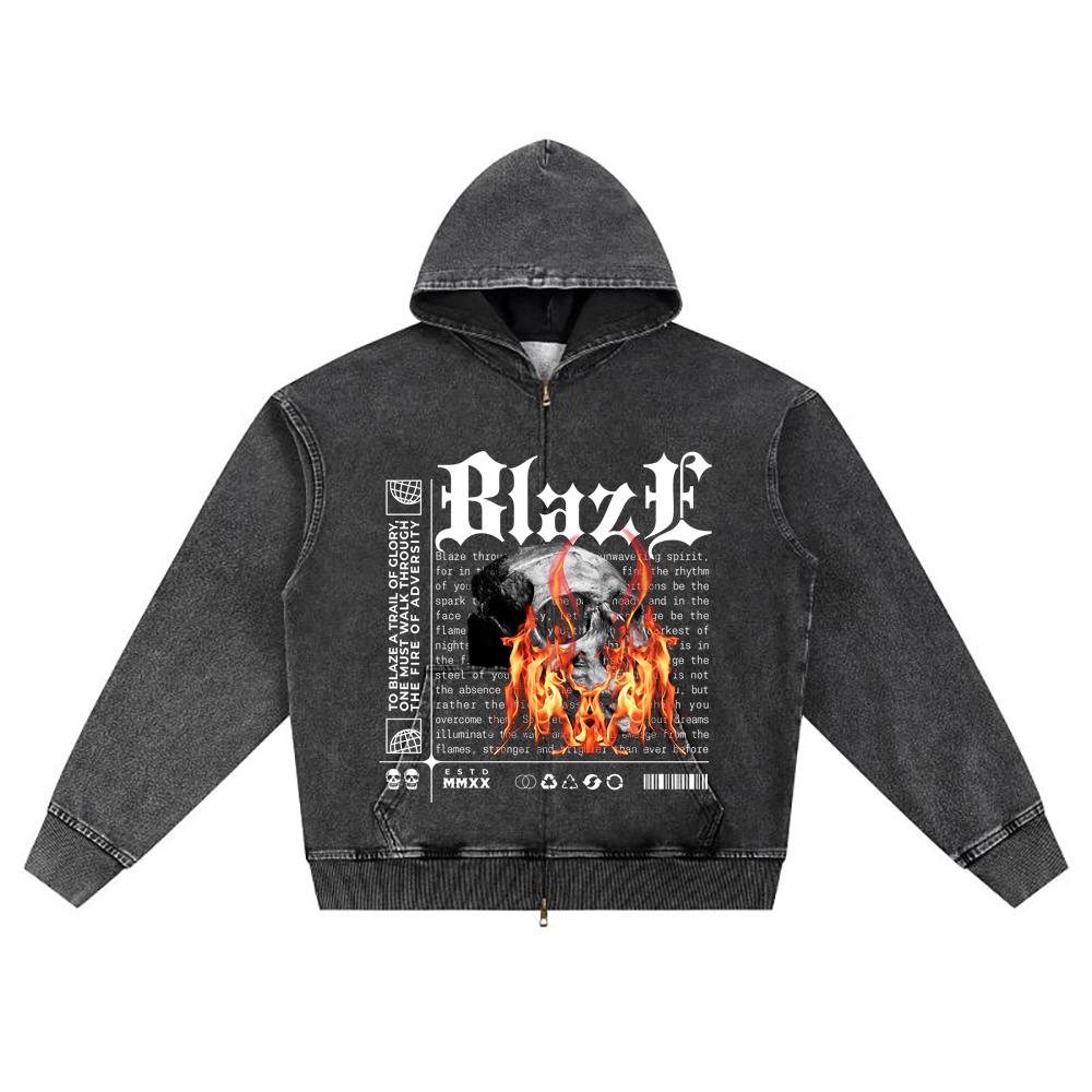 DTG print Knitted Denim Zip-Up Hoodie Blaze Brother Print Zipper Hoodies