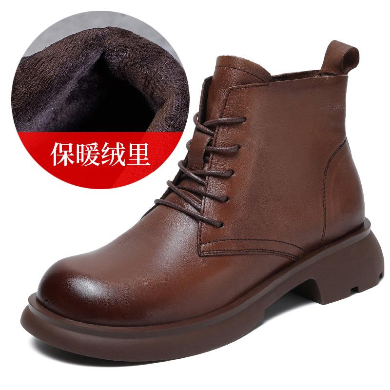 Leather small short boots British style Martin boots spring and autumn versatile flat-bottomed cowhide single boots brown retro women's boots