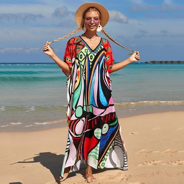 Colorful Printed Boho Beach Kaftan Dress Women Plus Size Maxi Summer Cover Up Rayon Bathing Suit