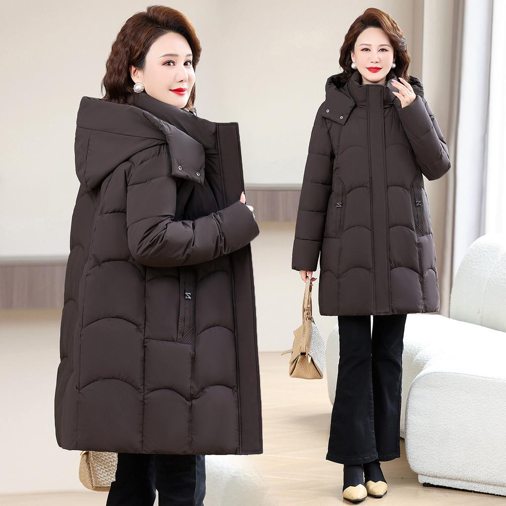 Baumwollkleidung für mittlere und ältere Menschen, mittellange und lange Damenbekleidung für Mütter, abnehmbare Kapuze, verdickte warme und dünne Jacke, neu im Winter