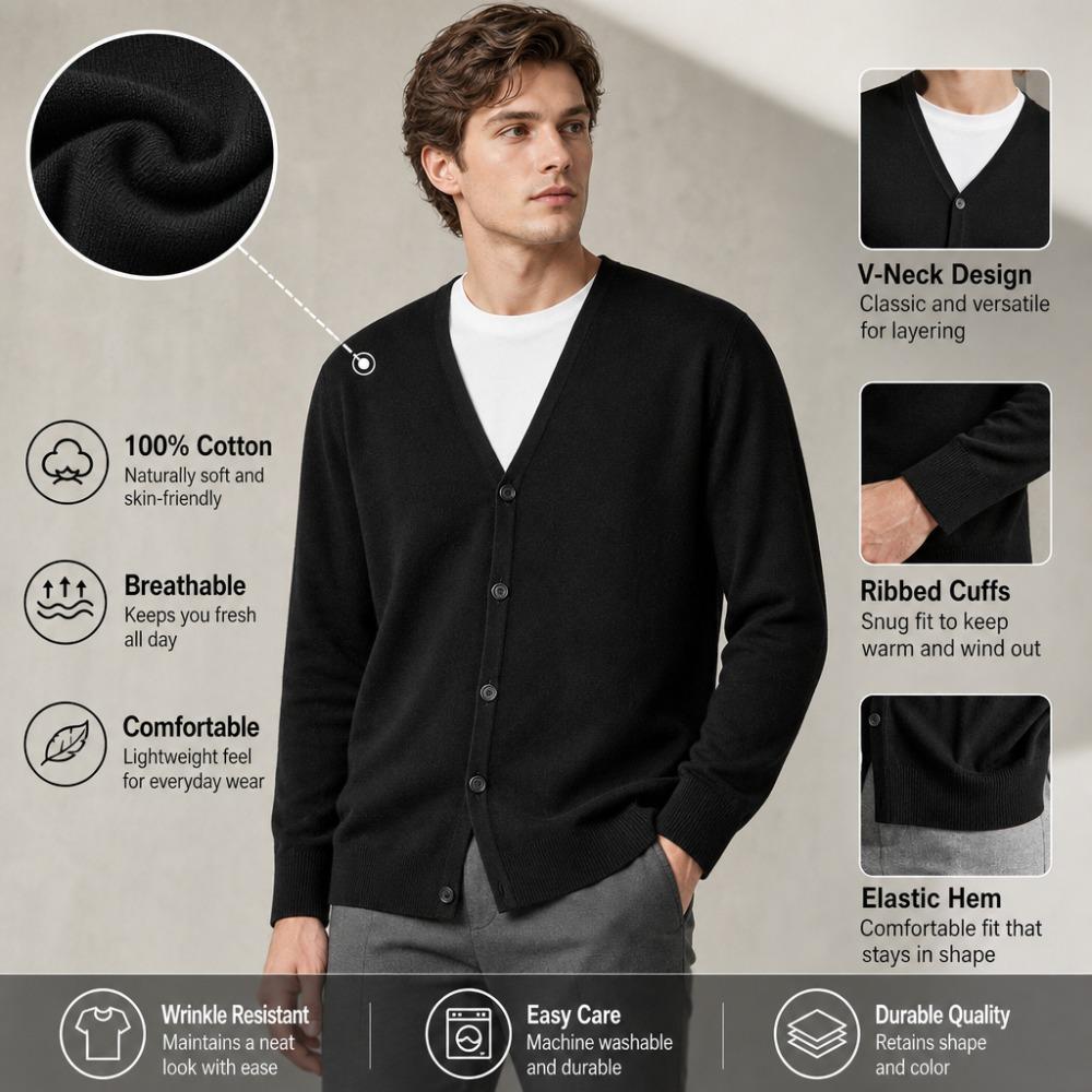 Men 100% Cotton V Neck Knit Cardigan, Slim Fit Long Sleeve Korean Style Casual Sweater Jacket for Autumn Winter