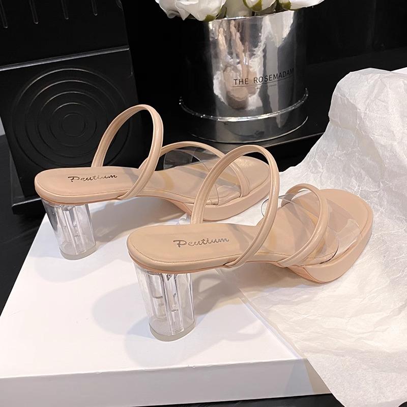 Transparent Slippers Summer Women Shoes Square Heel Mules Luxury Sandals Fashion Designer High Heels Trend Elegant Women Sandals