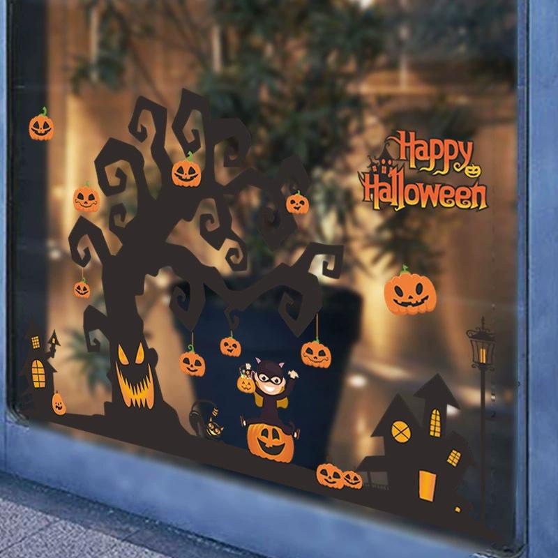 Halloween Cartoon Devil Tree Window Stickers Removable Self-adhesive Decor for Home Party Shopwindow Jack O'lantern PVC Stickers